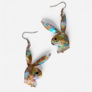 Playboy Bunny Resin Art Earrings with Multicolor Floral Sequins